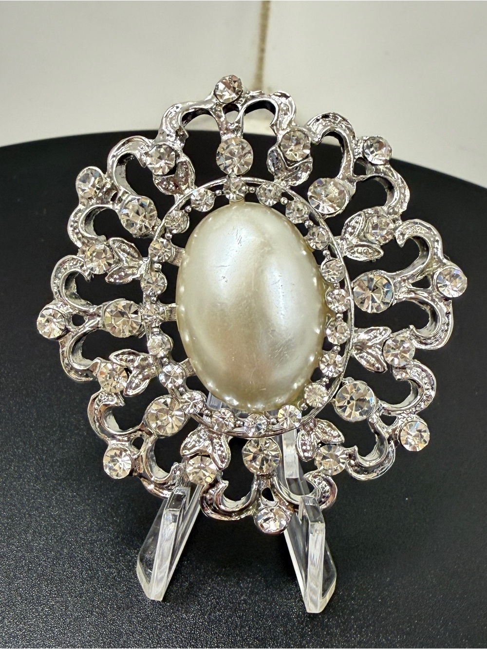 Victorian Faux Pearl Rhinestone Statement Brooch Silver Tone Bridal Jewelry